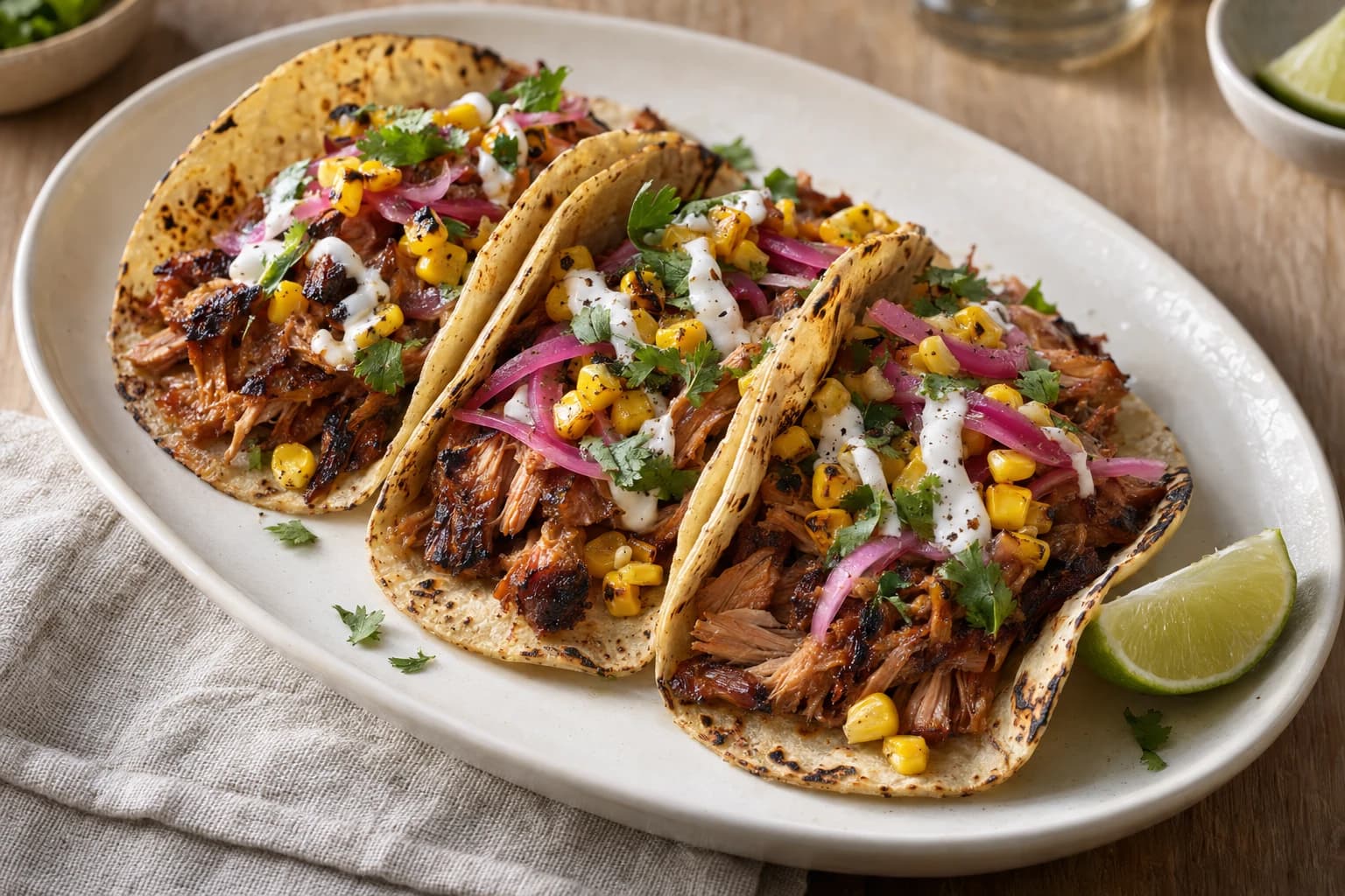 Chipotle pork tacos in charred corn tortillas with pickled red onion, lime crema and corn salsa
