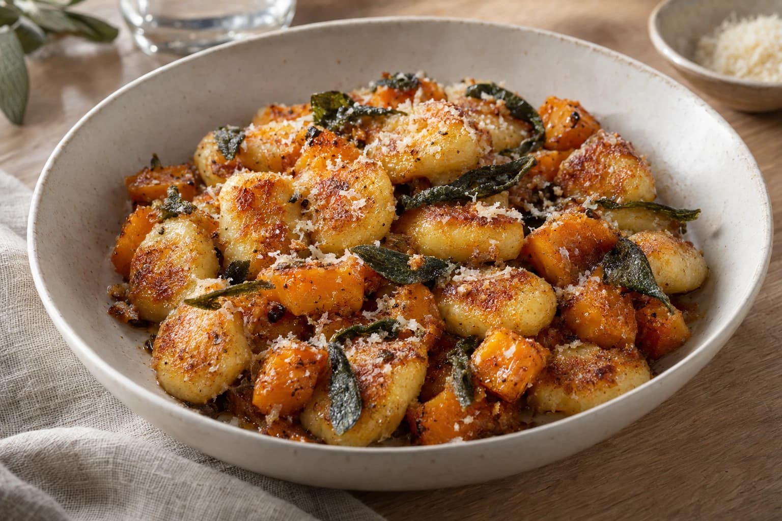 Golden pan-crisped gnocchi with roasted squash, brown butter, sage and grated cheese