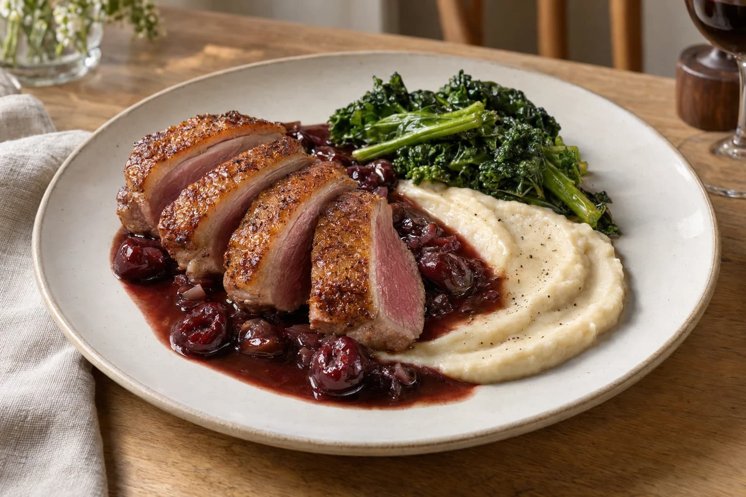 Sliced crisp-skinned duck breast with cherry-port sauce and celeriac purée