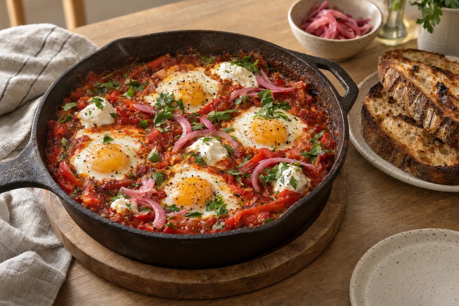 Harissa shakshuka with soft eggs, whipped labneh, pickled onions and charred sourdough